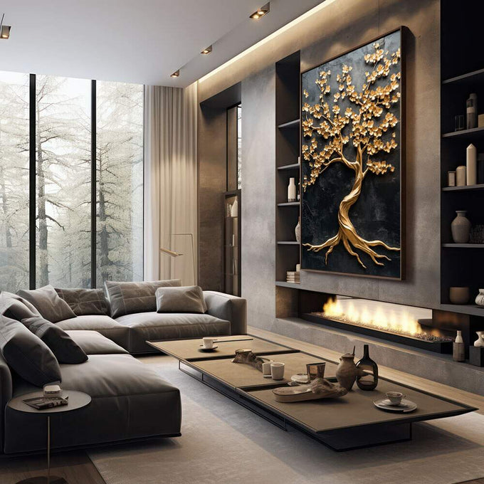 Quadro Decorativo Árvore Nobre Dourada | quadros decorativos premium | Árvore dourada com flores em galhos contra fundo preto texturizado com raízes ornamentadas | em ambiente 4 | Porao dos Quadros