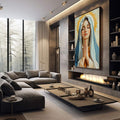 Quadro Decorativo Virgem Maria Serenidade e Fé | quadros decorativos premium | Mulher em oração com véu azul, halo dourado, expressão serena e luz celestial em composição realista. | em ambiente 4 | Porao dos Quadros