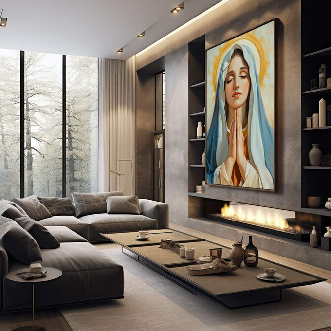 Quadro Decorativo Virgem Maria Serenidade e Fé | quadros decorativos premium | Mulher em oração com véu azul, halo dourado, expressão serena e luz celestial em composição realista. | em ambiente 4 | Porao dos Quadros