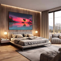 Quadro Decorativo Pôr do Sol Sereno | quadros decorativos premium | Pôr do sol tropical com barco de madeira e refletidos em água calma | em ambiente 4 | Porao dos Quadros