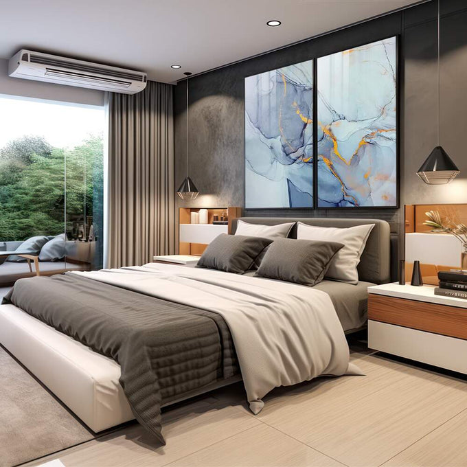 Quadro Decorativo Revela Sua Essência: Harmonia Azul e Amarelo | quadros decorativos premium | Díptico abstrato com tons de azul, roxo e dourado em composição fluida e delicada. | em ambiente 4 | Porao dos Quadros
