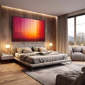 Quadro Decorativo Pôr do Sol Vibrante | quadros decorativos premium | Pôr do sol em degradê de magenta, rosa, laranja e amarelo com círculo solar central | em ambiente 4 | Porao dos Quadros