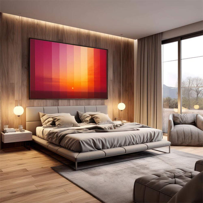 Quadro Decorativo Pôr do Sol Vibrante | quadros decorativos premium | Pôr do sol em degradê de magenta, rosa, laranja e amarelo com círculo solar central | em ambiente 4 | Porao dos Quadros