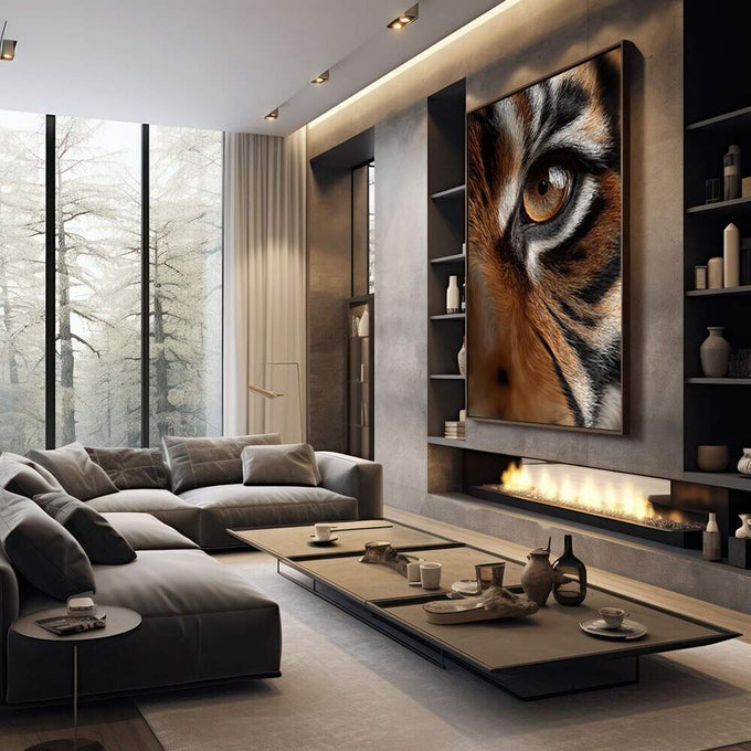 Quadro Decorativo Olho de Tigre Majestoso | quadros decorativos premium | Tigre em preto e branco com olho âmbar vibrante em composição realista fotográfica | em ambiente 4 | Porao dos Quadros
