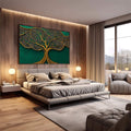 Quadro Decorativo - Árvore Dourada Elegante | quadros decorativos premium | Árvore dourada intricada com folhas delicadas em fundo verde profundo e luxuoso | em ambiente 4 | Porao dos Quadros