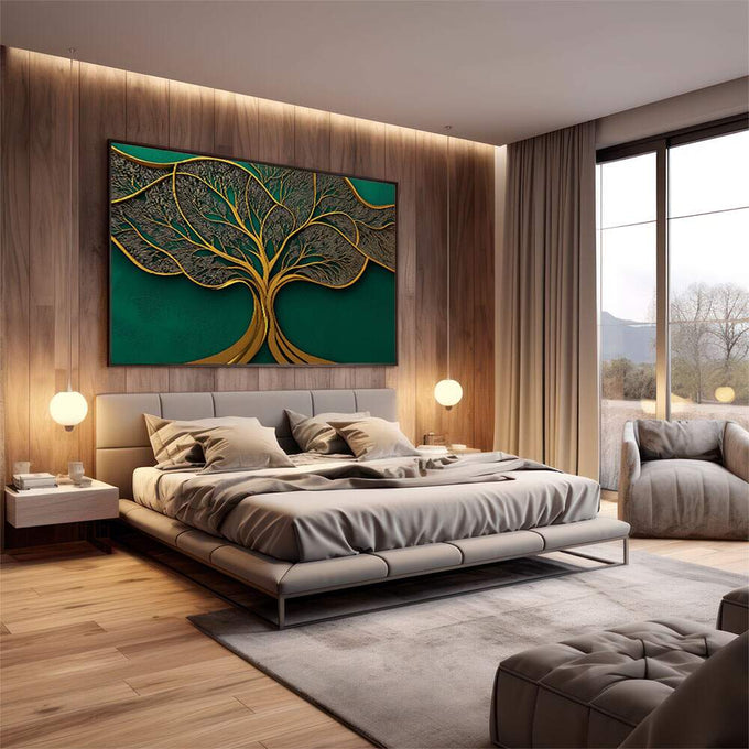 Quadro Decorativo - Árvore Dourada Elegante | quadros decorativos premium | Árvore dourada intricada com folhas delicadas em fundo verde profundo e luxuoso | em ambiente 4 | Porao dos Quadros