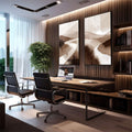 Quadro Decorativo Abstrato Serenity | quadros decorativos premium | Paisagem desértica com dunas sinuosas em tons bege e branco em díptico. | em ambiente 4 | Porao dos Quadros