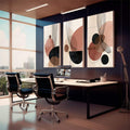 Quadro Decorativo Abstrato Tranquilidade | quadros decorativos premium | Composição triptíca abstrata com círculos em terracota, bege e preto com linhas geométricas delicadas. | em ambiente 4 | Porao dos Quadros
