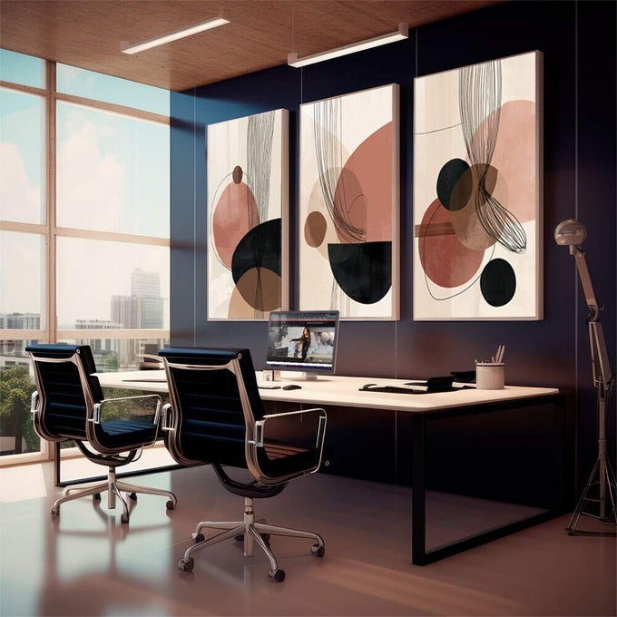 Quadro Decorativo Abstrato Tranquilidade | quadros decorativos premium | Composição triptíca abstrata com círculos em terracota, bege e preto com linhas geométricas delicadas. | em ambiente 4 | Porao dos Quadros