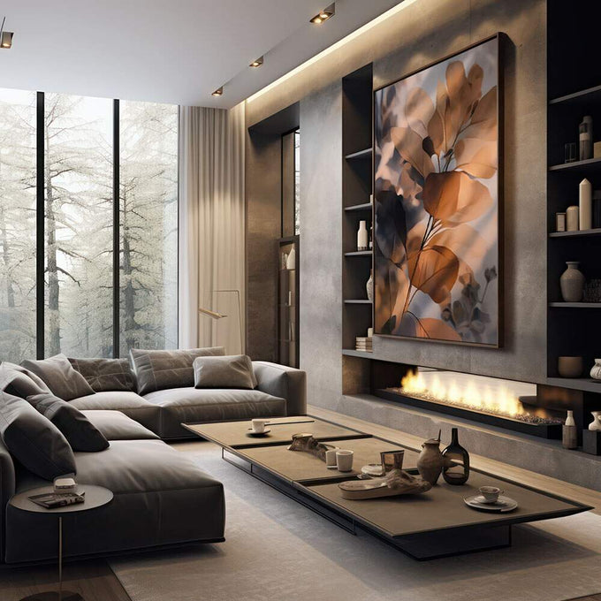 Quadro Decorativo Elegância Natural Serene Leaves | quadros decorativos premium | Flores secas translúcidas em tons dourados sob luz natural dourada em composição minimalista. | em ambiente 4 | Porao dos Quadros