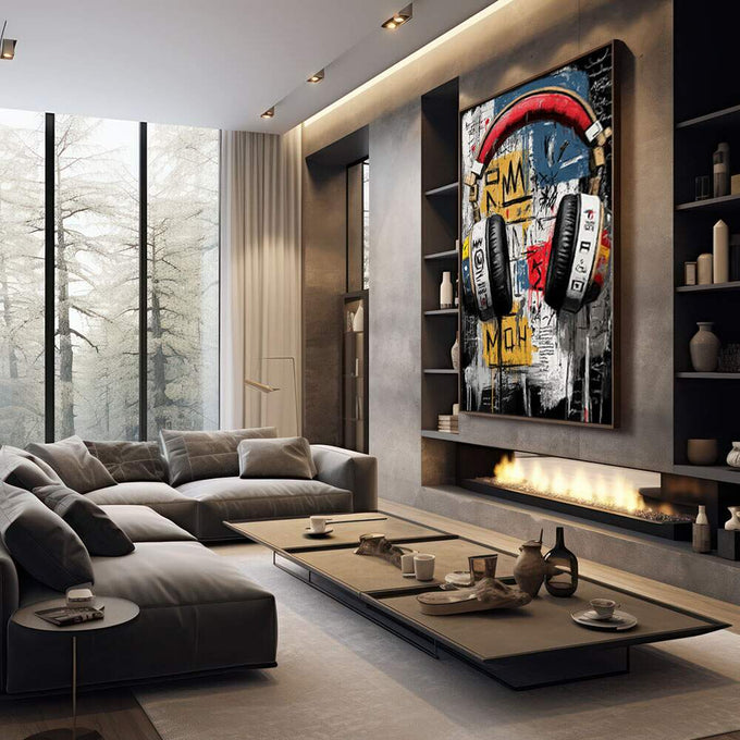 Quadro Decorativo Fones Urbanos Vibrantes | quadros decorativos premium | Fones de ouvido street art em preto, vermelho, azul e amarelo com grafismos urbanos. | em ambiente 4 | Porao dos Quadros