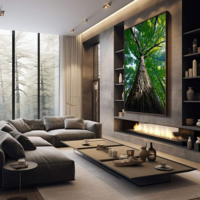 Quadro Decorativo Tronco da Vida com Força | quadros decorativos premium | Árvore centenária vista de baixo com tronco escuro e copa verde luminosa | em ambiente 4 | Porao dos Quadros