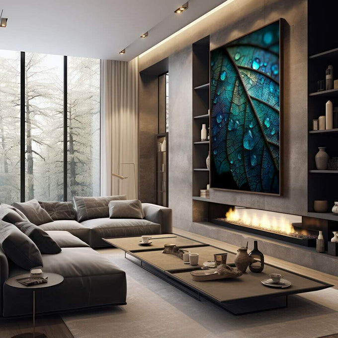 Quadro Decorativo Folhas Azuis e Verdes | quadros decorativos premium | Folha turquesa translúcida com gotas de orvalho brilhante e iluminação focal | em ambiente 4 | Porao dos Quadros
