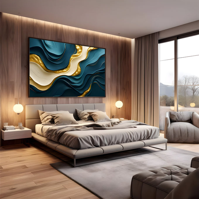 Ondas abstratas em azul petróleo, creme e veios dourados com efeito relevo 3D, quadro decorativo