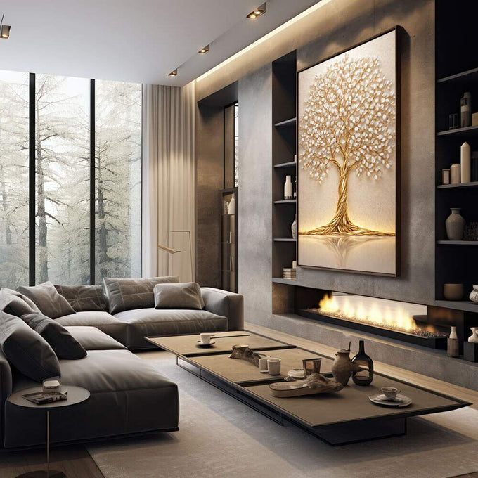 Quadro Decorativo Árvore Dourada Elegante | quadros decorativos premium | Árvore dourada majestosa com folhas brancas em relevo e luz luminosa | em ambiente 4 | Porao dos Quadros