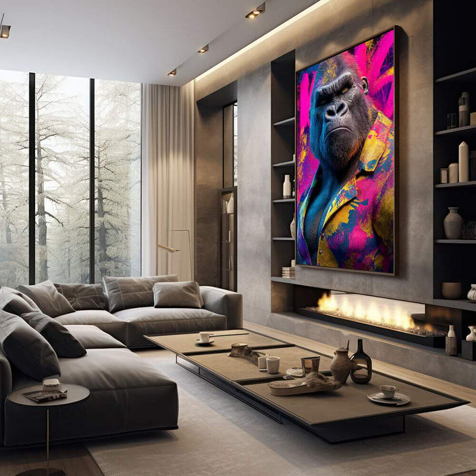 Quadro Decorativo Gorila Estilizado | quadros decorativos premium | Macaco em cores vibrantes rosa, azul e ouro com estilo abstrato expressivo | em ambiente 4 | Porao dos Quadros