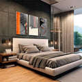 Quadro Decorativo Elegância Moderna: Listras Monocromáticas | quadros decorativos premium | Composição abstrata com linhas dinâmicas em preto, branco e laranja vibrante formando ondas. | em ambiente 4 | Porao dos Quadros