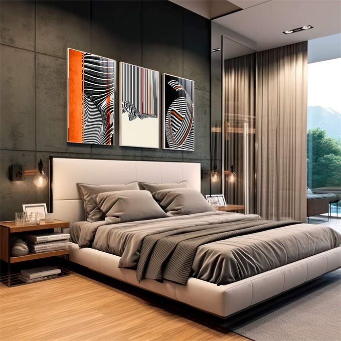 Quadro Decorativo Elegância Moderna: Listras Monocromáticas | quadros decorativos premium | Composição abstrata com linhas dinâmicas em preto, branco e laranja vibrante formando ondas. | em ambiente 4 | Porao dos Quadros