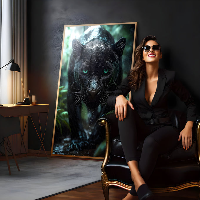 Pantera negra de olhos turquesa entre folhagens da selva sob chuva, quadro decorativo