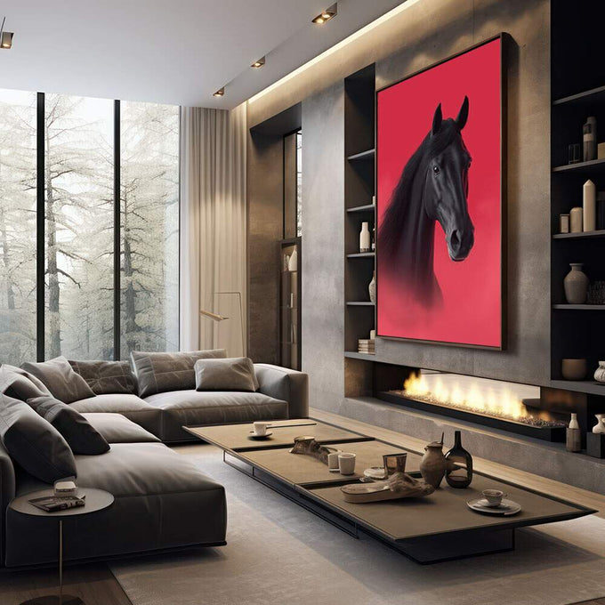 Quadro Decorativo Cavalo Negro Vibrante | quadros decorativos premium | Cavalo preto em perfil com crina volumosa em fundo vermelho vibrante com degradê. | em ambiente 4 | Porao dos Quadros