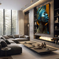 Quadro Decorativo Elegância Azul Feminino Abstrato | quadros decorativos premium | Rainha egípcia em perfil com tocado dourado, rosto azul vibrante e adornos metálicos em composição majestosa. | em ambiente 4 | Porao dos Quadros