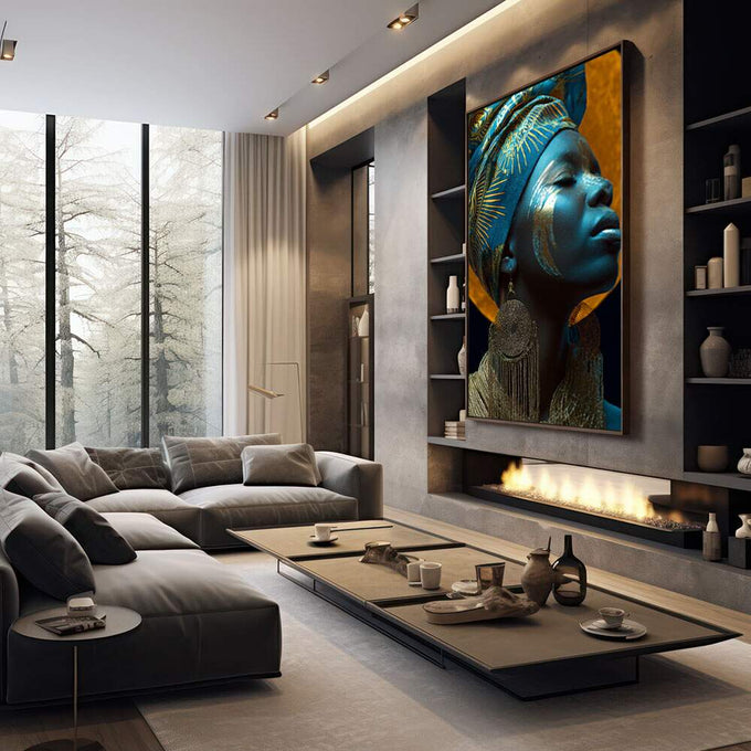 Quadro Decorativo Elegância Azul Feminino Abstrato | quadros decorativos premium | Rainha egípcia em perfil com tocado dourado, rosto azul vibrante e adornos metálicos em composição majestosa. | em ambiente 4 | Porao dos Quadros
