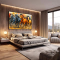 Cavalos em Movimento - Quadro Decorativo | quadros decorativos premium | Quatro cavalos em tons de ouro, laranja e azul galopando dinamicamente em composição realista com movimento. | em ambiente 4 | Porao dos Quadros