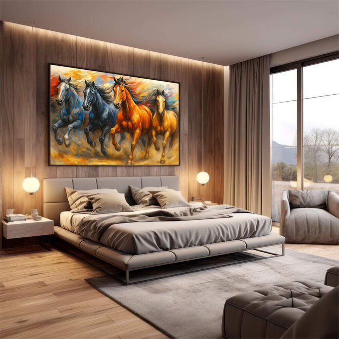Cavalos em Movimento - Quadro Decorativo | quadros decorativos premium | Quatro cavalos em tons de ouro, laranja e azul galopando dinamicamente em composição realista com movimento. | em ambiente 4 | Porao dos Quadros