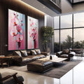 Quadro Decorativo Flores de Orquídeas - Elegância e Serenidade em sua Parede | quadros decorativos premium | Duas telas com orquídeas rosa e azul em técnica aquarelada etérea com traços abstratos | em ambiente 4 | Porao dos Quadros