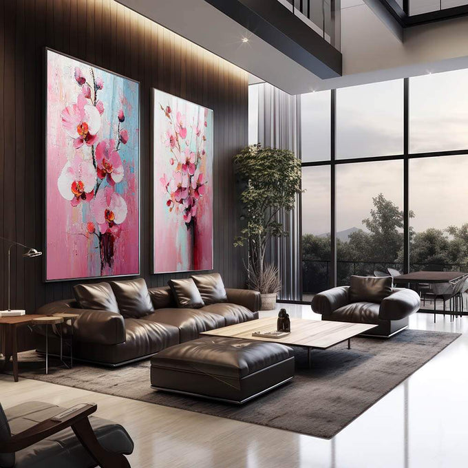 Quadro Decorativo Flores de Orquídeas - Elegância e Serenidade em sua Parede | quadros decorativos premium | Duas telas com orquídeas rosa e azul em técnica aquarelada etérea com traços abstratos | em ambiente 4 | Porao dos Quadros