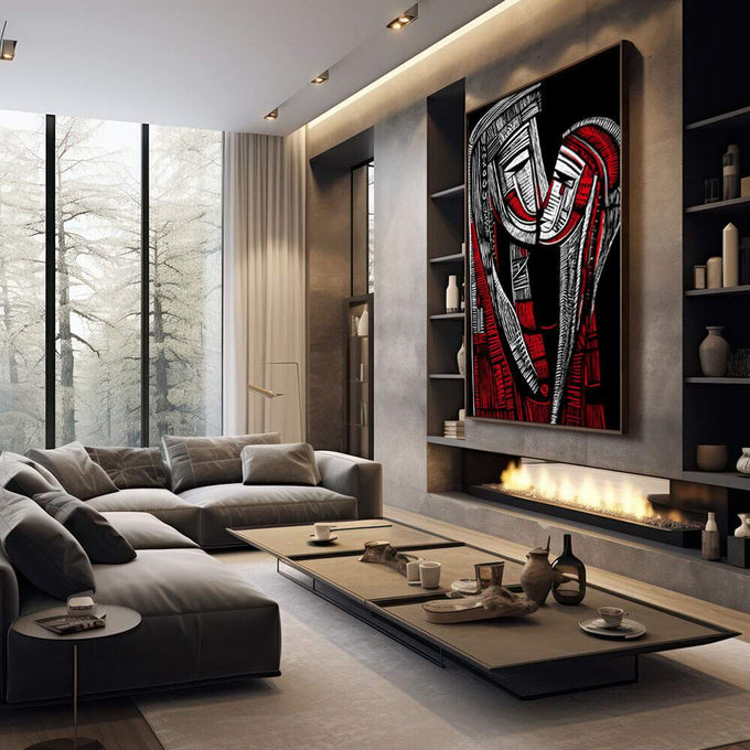 Quadro Decorativo Abraço Emocional Minimalista | quadros decorativos premium | Sapatos em preto, branco e vermelho com traços expressionistas em composição dinâmica. | em ambiente 4 | Porao dos Quadros