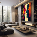 Quadro Decorativo Diálogo dos Sentidos | quadros decorativos premium | Quatro perfis de rostos em laranja, azul, rosa e amarelo com composição geométrica abstrata | em ambiente 4 | Porao dos Quadros