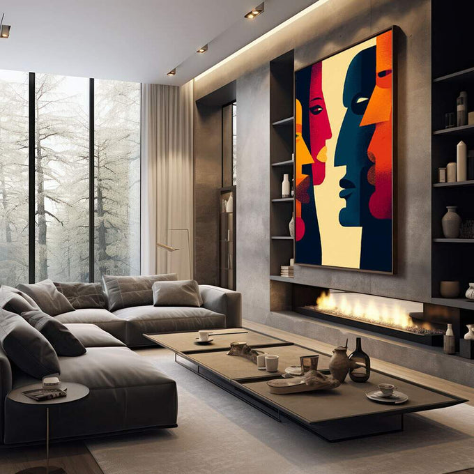 Quadro Decorativo Diálogo dos Sentidos | quadros decorativos premium | Quatro perfis de rostos em laranja, azul, rosa e amarelo com composição geométrica abstrata | em ambiente 4 | Porao dos Quadros