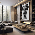 Quadro Decorativo: Reflexão de Beleza Clássica | quadros decorativos premium | Escultura clássica dupla em preto e branco com linha central divisória | em ambiente 4 | Porao dos Quadros