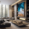 Quadro Decorativo Praia Serene | quadros decorativos premium | Ondas do mar quebrando na areia em tons azuis turquesas e bege claro, vista aérea. | em ambiente 4 | Porao dos Quadros