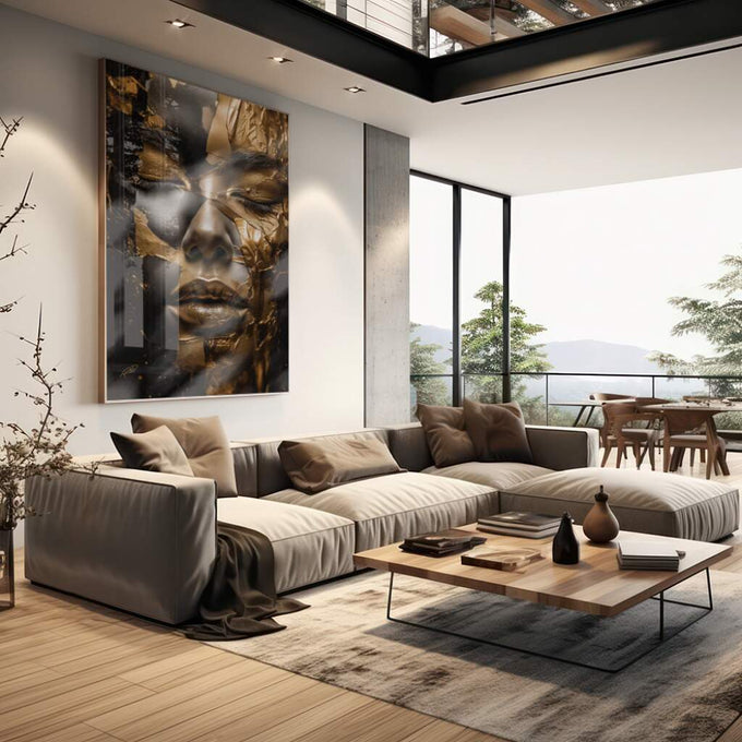 Quadro Decorativo - Luxo Dourado Feminino Inesquecível | quadros decorativos premium | Rosto em preto e dourado com texturas sobrepostas e efeito de ouro batido. | em ambiente 4 | Porao dos Quadros