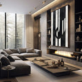 Quadro Decorativo Dinamismo Preto e Branco | quadros decorativos premium | Composição abstrata com formas geométricas em preto e branco com listras e contrastes. | em ambiente 4 | Porao dos Quadros