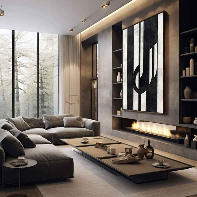 Quadro Decorativo Dinamismo Preto e Branco | quadros decorativos premium | Composição abstrata com formas geométricas em preto e branco com listras e contrastes. | em ambiente 4 | Porao dos Quadros