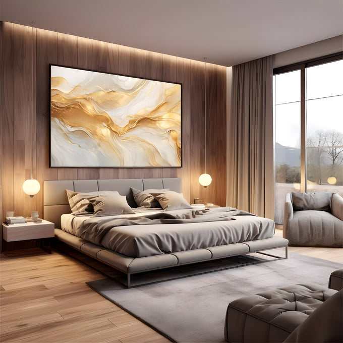 Ondas fluidas douradas e brancas com brilho em efeito mármore, abstrato quadro decorativo