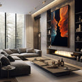 Quadro Decorativo Dualidade Azul e Laranja | quadros decorativos premium | Dois perfis em chamas laranja e gelo azul confrontam-se sobre fundo negro em composição de contraste dinâmico. | em ambiente 4 | Porao dos Quadros