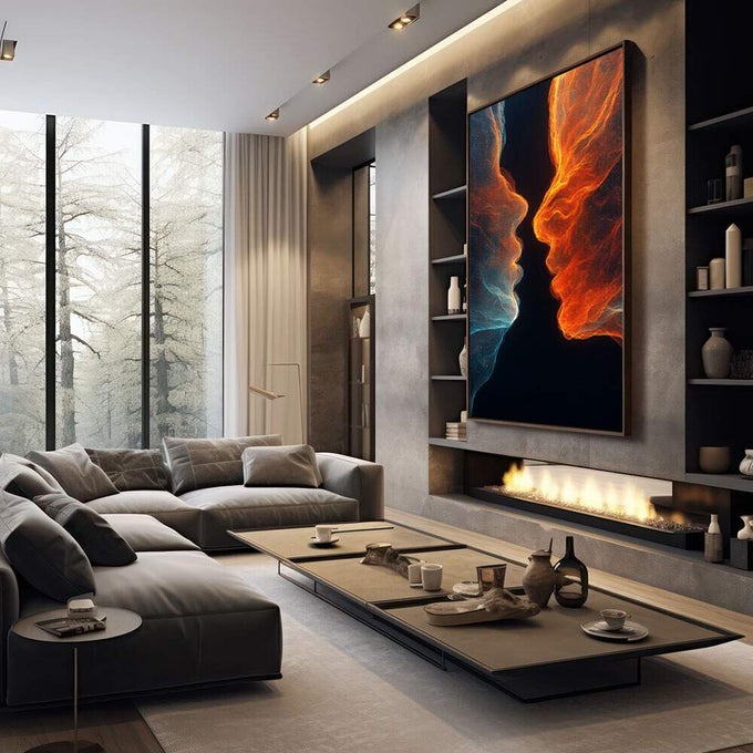 Quadro Decorativo Dualidade Azul e Laranja | quadros decorativos premium | Dois perfis em chamas laranja e gelo azul confrontam-se sobre fundo negro em composição de contraste dinâmico. | em ambiente 4 | Porao dos Quadros