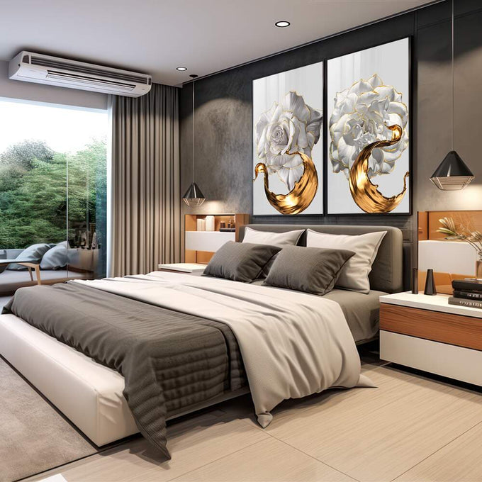 Quadro Decorativo: Sinfonia Floral em Tons Pastéis | quadros decorativos premium | Rosas brancas volumosas com detalhes fluindo em dourado metálico em composição realista e luxuosa | em ambiente 4 | Porao dos Quadros