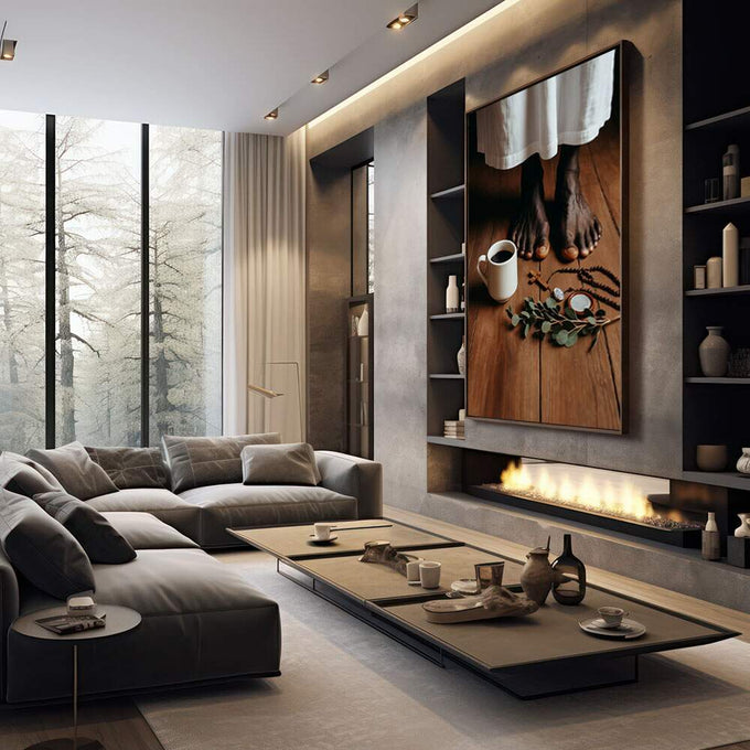 Quadro Decorativo Serenidade e Contemplação | quadros decorativos premium | Pés descalços cobertos por linho branco em madeira, com café fumegante e objetos rituais | em ambiente 4 | Porao dos Quadros