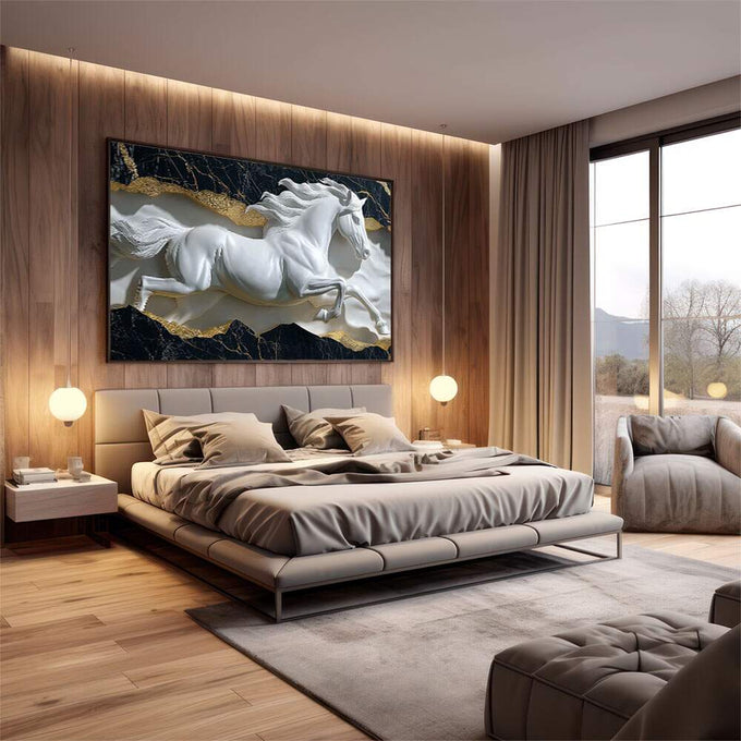 Quadro Decorativo Escultura de Cavalo Branco em Movimento | quadros decorativos premium | Cavalo branco em relevo galopando com detalhes dourados sobre fundo de mármore preto | em ambiente 4 | Porao dos Quadros
