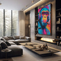 Quadro Decorativo Macaco Cool com Fones | quadros decorativos premium | Macaco com fone de ouvido e óculos em cores neon vibrantes, estilo pop art | em ambiente 4 | Porao dos Quadros