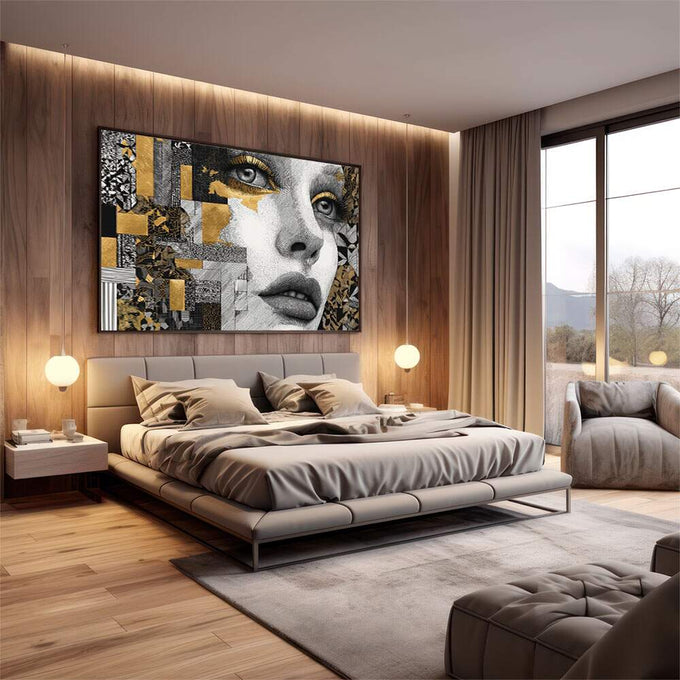 Quadro Decorativo Elegância Contemporânea | quadros decorativos premium | Rosto feminino em preto e branco com padrões geométricos dourados e abstratos ao redor em composição mista. | em ambiente 4 | Porao dos Quadros