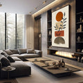 Quadro Decorativo Geometria com Aconchego | quadros decorativos premium | Planta delicada com folhas em formas geométricas, sol laranja e bases cinza em composição minimalista. | em ambiente 4 | Porao dos Quadros