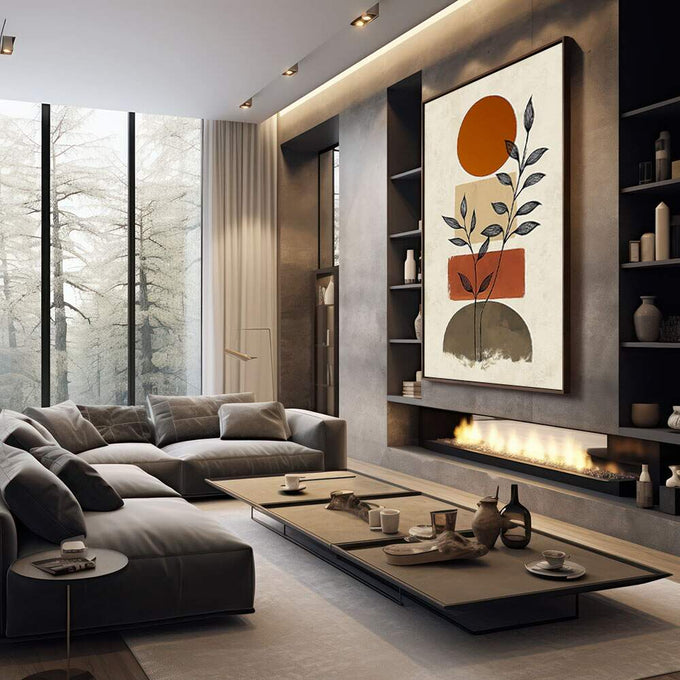 Quadro Decorativo Geometria com Aconchego | quadros decorativos premium | Planta delicada com folhas em formas geométricas, sol laranja e bases cinza em composição minimalista. | em ambiente 4 | Porao dos Quadros