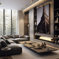 Quadro Decorativo Torre Eiffel Elegante | quadros decorativos premium | Torre Eiffel estruturada em tons dourados e preto com iluminação dramática | em ambiente 4 | Porao dos Quadros