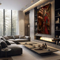 Quadro Decorativo Mãos e Contas Com Arte | quadros decorativos premium | Mãos em oração segurando terço com fitas vermelhas em tons quentes e iluminação delicada | em ambiente 4 | Porao dos Quadros